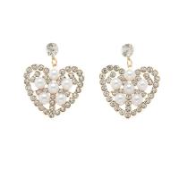 Zinc Alloy Rhinestone Drop Earring, with Plastic Pearl, Heart, gold color plated, for woman & with rhinestone & hollow 