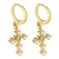 Huggie Hoop Drop Earring, Brass, with Plastic Pearl, Cross, gold color plated, micro pave cubic zirconia & for woman, 31mm 