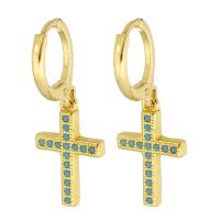 Huggie Hoop Drop Earring, Brass, with turquoise, Cross, gold color plated, for woman, 29mm 