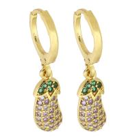 Huggie Hoop Drop Earring, Brass, Eggplant, gold color plated, micro pave cubic zirconia & for woman, 28mm 