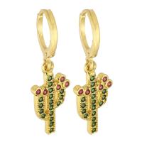 Huggie Hoop Drop Earring, Brass, Opuntia Stricta, gold color plated, micro pave cubic zirconia & for woman, green, 32mm 