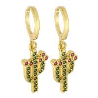 Huggie Hoop Drop Earring, laiton, Opuntia Stricta, Placage de couleur d'or, pavé de micro zircon & pour femme, vert, 32mm, Vendu par paire