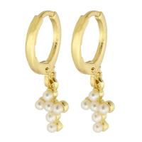 Huggie Hoop Drop Earring, Brass, with Plastic Pearl, Cross, gold color plated, for woman, 24mm 