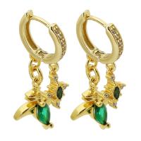 Huggie Hoop Drop Earring, Brass, Bird, gold color plated, micro pave cubic zirconia & for woman, green, 34mm 