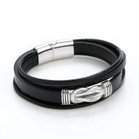 PU Leather Cord Bracelets, 304 Stainless Steel, with PU Leather, fashion jewelry & multilayer & for woman, black, 215mm 