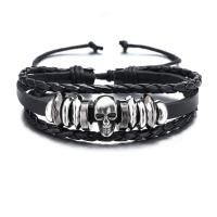 PU Leather Cord Bracelets, with Split Layer Cowhide Leather & Wax Cord & Wood & Copper Coated Plastic & Zinc Alloy, Skull, polished, three layers & fashion jewelry & Unisex, black 