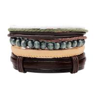Bracelet en cuir artificiel, avec corde de cire & bois, 4 pièces & bijoux de mode & unisexe, 220mm, Vendu par fixé