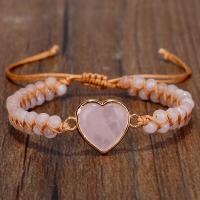 Gemstone Woven Ball Bracelets, Polyester Cord, with Rose Quartz, Heart, Natural & fashion jewelry & for woman, pink cm 