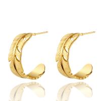 Titanium Steel Earrings, Feather, 14K gold plated, fashion jewelry & for woman, golden, 25mm 