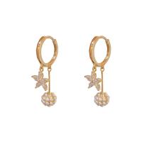 Huggie Hoop Drop Earring, Brass, with Plastic Pearl, Star, 14K gold plated, fashion jewelry & micro pave cubic zirconia & for woman, golden 