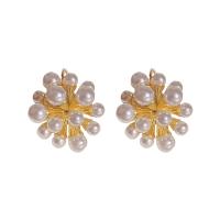Brass Lever Back Earring, with Plastic Pearl, Flower, 14K gold plated, fashion jewelry & for woman, white 