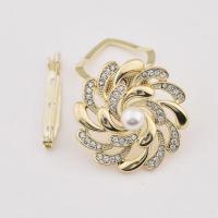 Zinc Alloy Dual-use Brooch Scarf Buckle, with Plastic Pearl, Flower, gold color plated, for woman & with rhinestone, 35mm 
