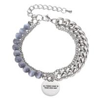Titanium Steel Bracelet & Bangle, with Cats Eye, with 1.97inch extender chain, Double Layer & fashion jewelry & Unisex, original color Approx 7.09 Inch 