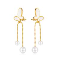 Fashion Fringe Earrings, 304 Stainless Steel, with Shell & Plastic Pearl, Butterfly, Vacuum Ion Plating, fashion jewelry & for woman, golden, 50mm 