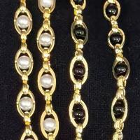 Brass Bar Chain, with Plastic Pearl, Round, 14K gold plated, DIY 