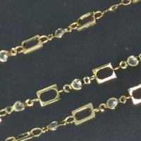 Brass Bar Chain, with Cubic Zirconia, Rectangle, 14K gold plated, DIY, clear, 5mm 