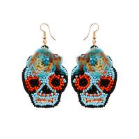 Glass Seed Beads Earring, Seedbead, with Sequins & PU Leather & Crystal & Brass, Skull, handmade, Bohemian style & for woman, blue 