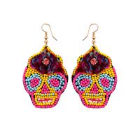 Glass Seed Beads Earring, Seedbead, with Sequins & PU Leather & Crystal & Brass, Skull, handmade, Bohemian style & for woman, yellow 