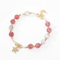 Quartz Bracelets, Moonstone, with Strawberry Quartz & Zinc Alloy, gold color plated & for woman, two different colored Approx 6.1 Inch 