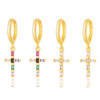 Huggie Hoop Drop Earring, Brass, Cross, real gold plated, fashion jewelry & micro pave cubic zirconia & for woman 