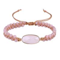 Gemstone Woven Ball Bracelets, Polyester Cord, with Rose Quartz & Brass, fashion jewelry & for woman, pink cm 