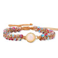 Gemstone Woven Ball Bracelets, Polyester Cord, with Impression Jasper & Brass, fashion jewelry & for woman, multi-colored cm 
