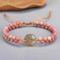 Gemstone Woven Ball Bracelets, Polyester Cord, with Rhodochrosite & 304 Stainless Steel, Tree, fashion jewelry & for woman, pink cm 