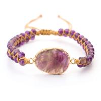 Gemstone Woven Ball Bracelets, Polyester Cord, with Amethyst & Brass, fashion jewelry & for woman, purple cm 