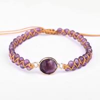Gemstone Woven Ball Bracelets, Polyester Cord, with Amethyst & Brass, with 12cm extender chain, fashion jewelry & for woman, purple cm 