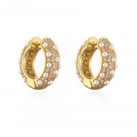 Brass Huggie Hoop Earring, plated, micro pave cubic zirconia & for woman & with plastic pearl 