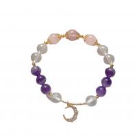 Bracelets quartz, améthyste, avec Strawberry Quartz & alliage de zinc, lune, pour femme & avec strass, 8mm Environ 6.5 pouce, Vendu par PC