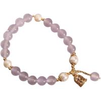 Gemstone Bracelets, Purple Chalcedony, with Freshwater Pearl & Zinc Alloy, Cage, gold color plated, Korean style & for woman, 8mm Approx 6.5 Inch 