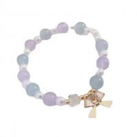 Purple Chalcedony Bracelet, with Blue Chalcedony & Crystal & Plastic Pearl & Zinc Alloy, Bowknot, gold color plated, Korean style & for woman, 8mm Approx 6.5 Inch 