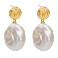 Freshwater Pearl Drop Earring, with Brass, gold color plated, vintage & for woman, white 