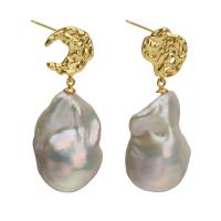 Süßwasser Perle Tropfen Ohrring, Natürliche kultivierte Süßwasserperlen, mit Messing, goldfarben plattiert, für Frau, weiß, 18x40mm, verkauft von Paar