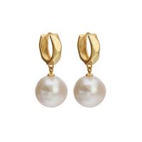 Huggie Hoop Drop Earring, Freshwater Pearl, with Brass, Round, gold color plated, for woman, white 