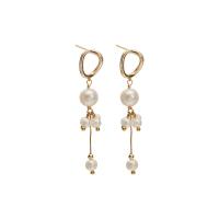 Freshwater Pearl Brass Earring, with Brass, 18K gold plated, for woman, white 