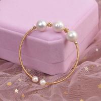 Cultured Freshwater Pearl Brass Bracelet, with Brass, Round, gold color plated, Adjustable & for woman 10mm,6mm, Inner Approx 58mm 