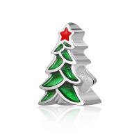 Пандора рождественские украшения бусы, цинковый сплав, Рождественская елка, плакирован серебром, Рождественский дизайн & DIY & эмаль, зеленый, 10-15mm, продается PC
