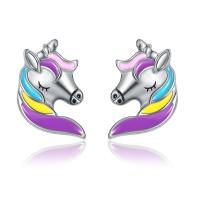 Enamel Zinc Alloy Stud Earring, Unicorn, silver color plated, for woman, multi-colored, 10-15mm 