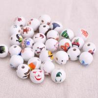 Printing Wood Beads, Round, mixed pattern & DIY, white, 16mm, Approx 