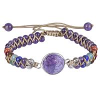 Gemstone Woven Ball Bracelets, with Polyester Cord & Zinc Alloy, Tree, silver color plated & adjustable & for woman cm 