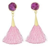 Fashion Fringe Earrings, Ice Quartz Agate, with Cotton Thread & Zinc Alloy, gold color plated, druzy style & for woman 70-75mm 