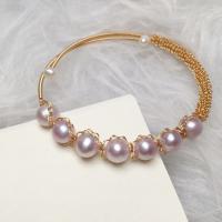 bracelet en laiton de perle d'eau douce cultivée, avec perle d'eau douce cultivée, Placage de couleur d'or, pour femme, violet .1 pouce, Vendu par PC