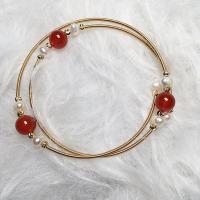 Cultured Freshwater Pearl Brass Bracelet, with Red Agate & Freshwater Pearl, gold color plated, for woman, golden .1 Inch 