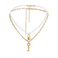 Titanium Steel Jewelry Necklace, with Plastic Pearl, with 8cm,5cm extender chain, Lock and Key, Vacuum Ion Plating, Double Layer & fashion jewelry & for woman, golden cm 