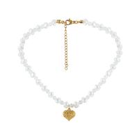 Plastic Pearl Necklace, with Titanium Steel & Crystal, with 5cm extender chain, Heart, Vacuum Ion Plating, fashion jewelry & adjustable & for woman cm 