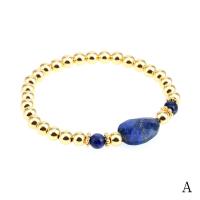 Gemstone Bracelets, Brass, with Natural Stone, handmade, elastic & for woman, gold, 230mm 