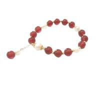 Red Agate Bracelets, with Freshwater Pearl, Round, Korean style & for woman, 8mm Approx 6.5 Inch 