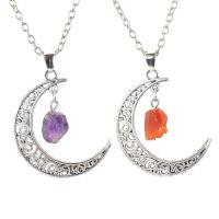 Gemstone Necklaces, Zinc Alloy, with Natural Stone, Moon, antique silver color plated & for woman & hollow Approx 51 cm 